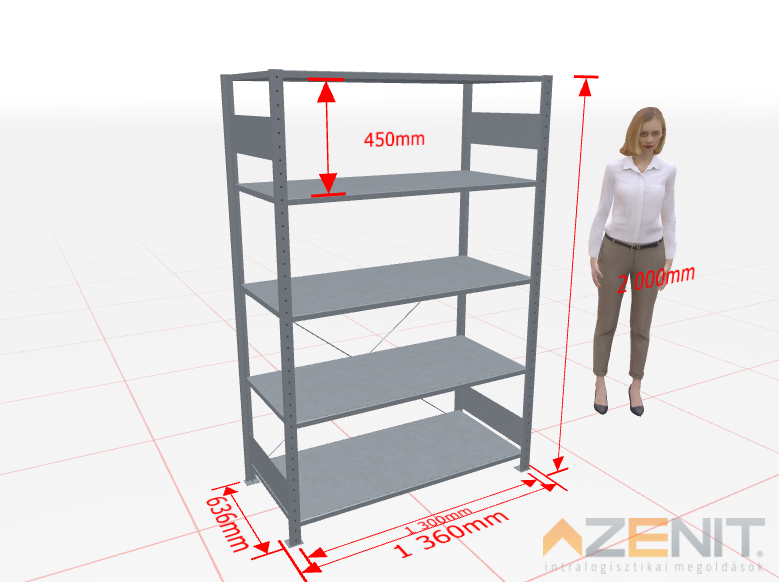 Kapcsolható polcos állvány alapmező MULTIplus típus, 1300×600 mm polcokkal, 2000 mm magas 5 polcos horganyzott 