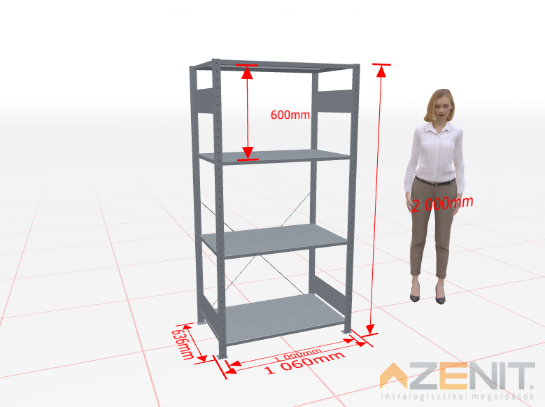 Kapcsolható polcos állvány alapmező MULTIplus típus, 1000×600 mm polcokkal, 2000 mm magas 4 polcos horganyzott 